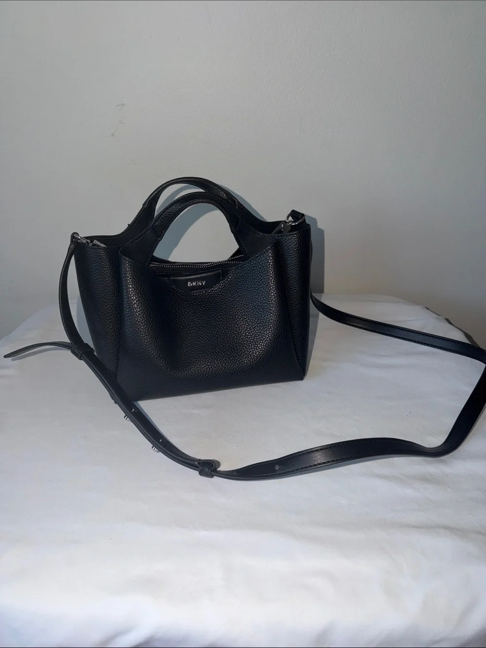 DKNY Black Pebbled Leather Mini Tote with Crossbody Strap